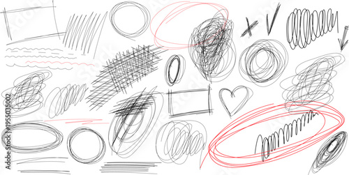 Hand drawn messy pen scribbles, rough sketch swirls and underlines, pencil doodles. Collection of freehand chaotic squiggles, lines, circles, scribble elements in various shapes. Vector for design