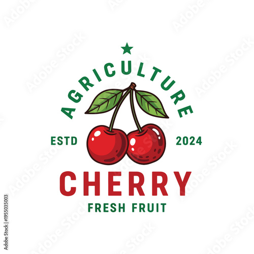 Fresh Cherry Agriculture Emblem Vector Illustration for Natural Fruit Product Branding