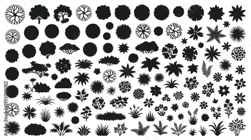 Top View Landscape Architecture Tree and Shrub Silhouette Vector Set: Garden Plan Symbols