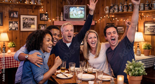 Friends cheering for goal in sports bar. Happy fans celebrating victory with beer in pub. Exciting atmosphere during live match broadcast.
