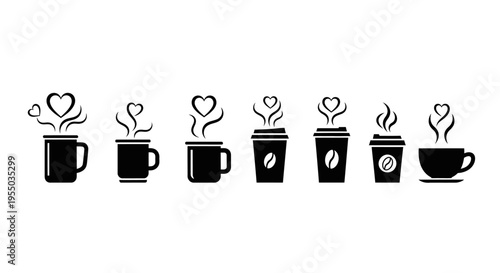 Set of seven black coffee cups in various styles, including mugs and take away cups, with steaming hearts and swirls