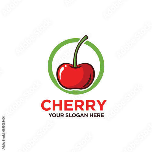 Vibrant Red Cherry Vector Logo Illustration with Green Stem and Encompassing Circle Design