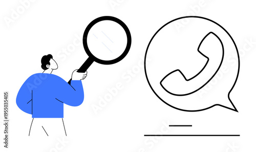 Communication analysis, customer support, contact search, troubleshooting, call management, user experience. A person holding a magnifying glass near a phone icon in a speech bubble. Communication