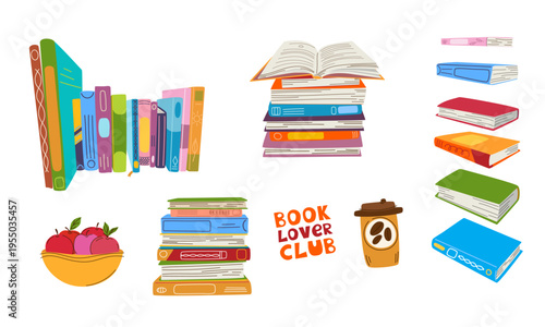Book lover club vector set. Colorful stacks of books, open book, coffee cup, and apples for library decor, bookstore marketing, and reading hobby flat design