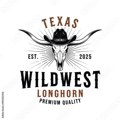 Rustic Texas Wild West Longhorn Skull with Cowboy Hat Emblem and Sunburst Rays