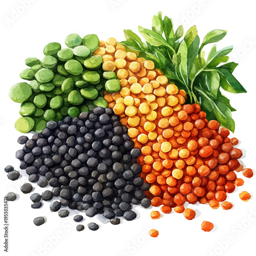 Lentils, illustration watercolor with playful splashes and delicate line details, isolated on a white background.