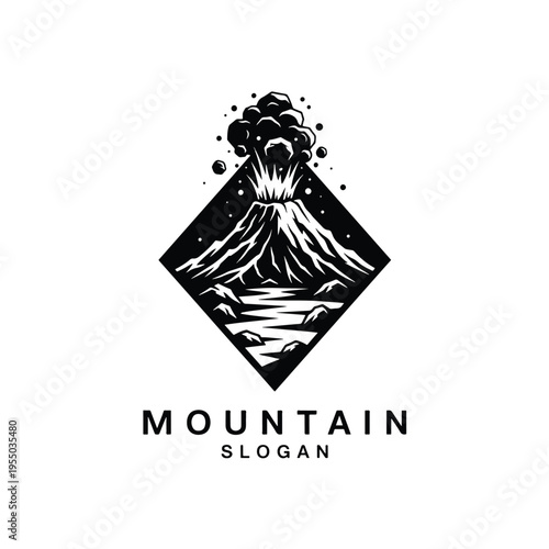 Dynamic Erupting Volcano Peak Vector Illustration with River Flow, Nature Emblem Graphic