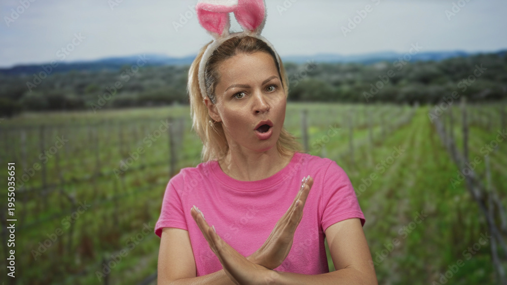 Fototapeta premium Woman wearing bunny ears and pink shirt crossing arms in a green field; rejection defiance frustration anger.
