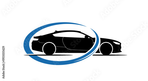 Dynamic Twin Sports Cars with Blue Oval Swoosh Logo on Isolated White Background