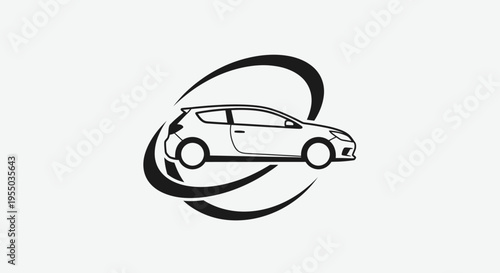 Modern Hatchback Car with Dynamic Swoosh Circle Logo on Isolated White Background