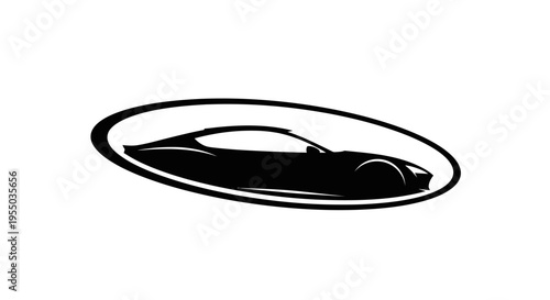 Stylized black outline of a modern sports car within an elegant oval frame, representing automotive design and speed, isolated white background.