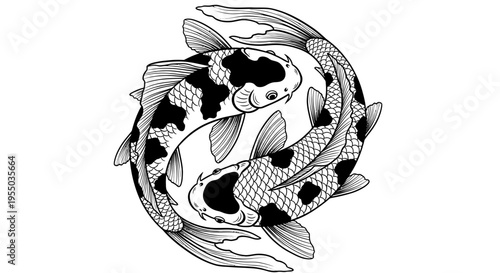 Intricate Koi Fish Yin-Yang Circle Symbol on Isolated White Background