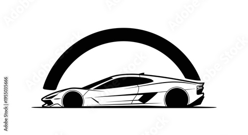 Outline illustration of a powerful sports car side profile with a flowing black semi-circle arc, representing speed and performance, isolated white background.
