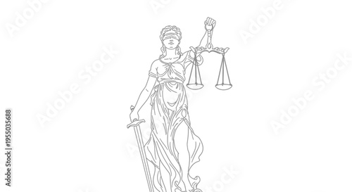 Elegant Line Art Drawing of Lady Justice Holding Scales and Sword on Isolated White Background