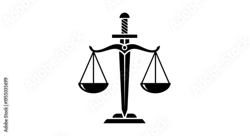 Scales of Justice with Upright Sword on Isolated White Background