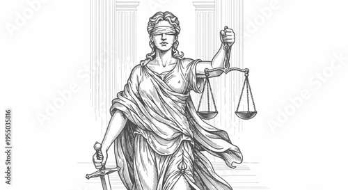 Lady Justice blindfolded with scales and sword, classical sketch illustration in bright studio.
