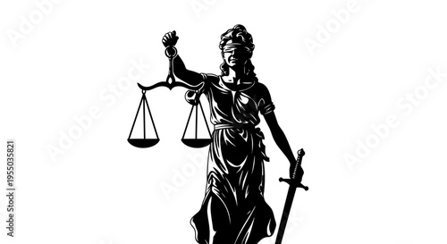 Lady Justice silhouette holding scales and sword, symbol of law and truth, isolated white background.