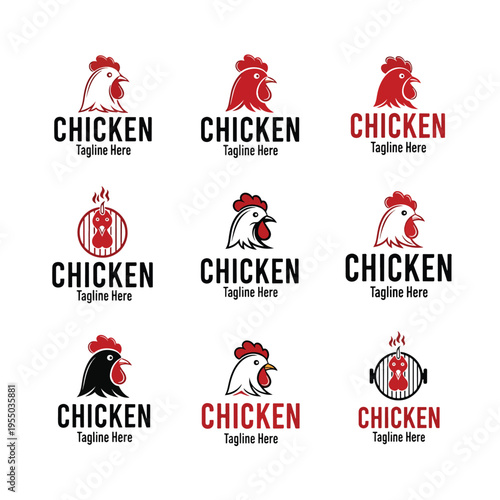 Collection of stylized chicken and rooster head vector logo designs for food and restaurant branding, isolated on white.