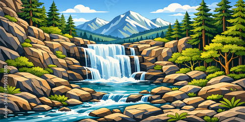 A beautiful mountain waterfall flowing through rocks and forest in a natural green landscape
