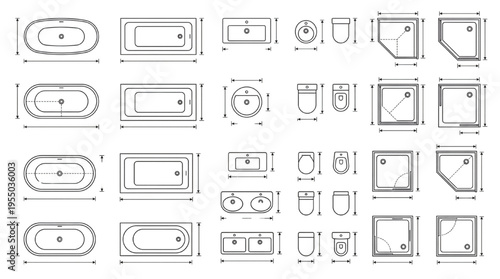 Interior Design Blueprint CAD Vector Bundle: Bathroom Fixtures, Retail Store Furniture, and Lighting Symbols
