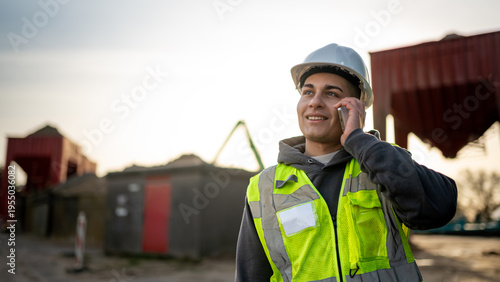 Foto Young engineer, male, using a smartphone while wearing protective gear on a cons