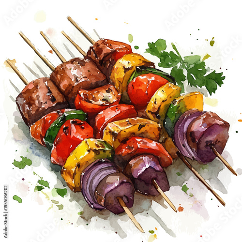 Kebab, watercolor with intricate brush textures and gentle highlights, isolated on a white background.
