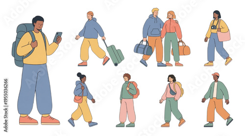 Travel and Tourism Character Vector Set: Diverse People with Luggage, Backpacks, and Maps