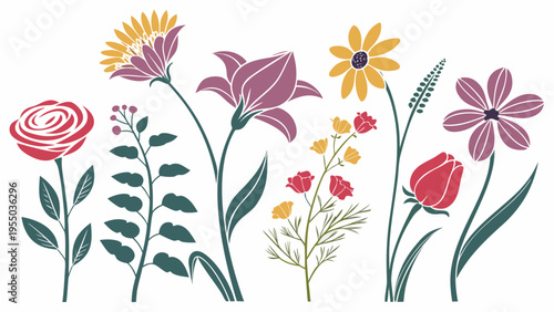 Set of 7 colorful flowers vector illustrations