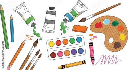 Assorted vibrant art supplies including paint tubes spilling green color, watercolor pans, and wooden palette are scattered randomly.