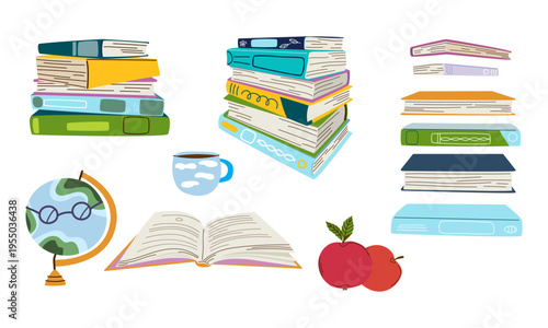 Book set vector illustration. Colorful stacks of books, globe, and apple for library decor, school education, and cozy reading hobby flat design