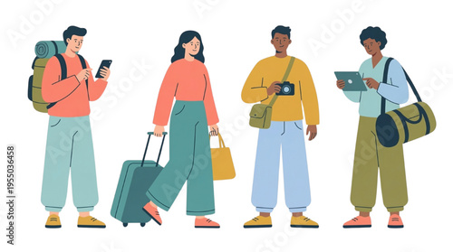 Travel and Tourism Character Vector Set: Diverse People with Luggage, Backpacks, and Maps