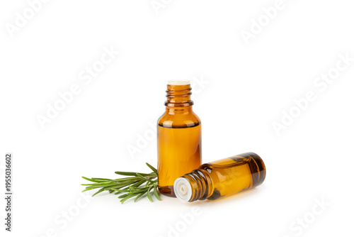 Rosemary essential oil isolated on a white background. Rosemary essential oil with fresh leaves nearby. Green rosemary sprig. Natural medicine, organic hair product, skin care, spa therapy. 
