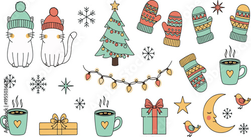 Cute winter cats with christmas tree mittens hot cocoa and festive holiday elements in a hand drawn vector illustration doodle art