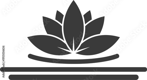 A stylized dark gray lotus flower silhouette rests above clean horizontal lines symbolizing tranquility and balance.