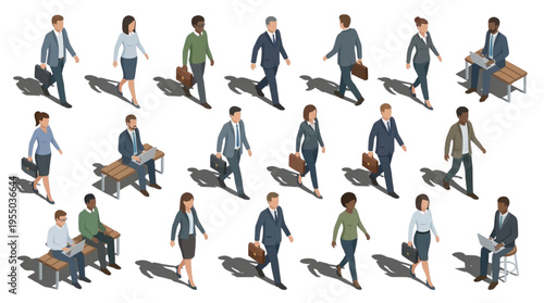Isometric Business People Character Set: Diverse Corporate Workers Walking, Sitting, and Using Laptops with Shadows