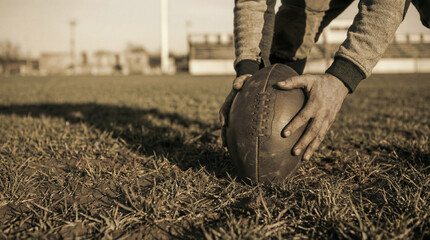 Close up of a player's hands placing a vintage leather American football on a grass field before a kickoff in a retro style with a sepia tone effect and a soft focus stadium background