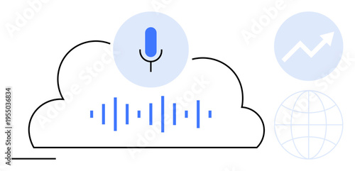 Voice recognition, cloud computing, data analysis, artificial intelligence, sound processing, technology development. Microphone with sound waves inside a cloud shape. Voice recognition and cloud