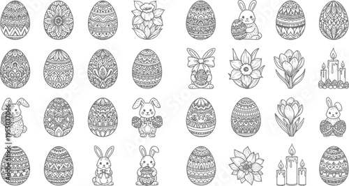 A detailed set of black and white doodle icons features intricately patterned Easter eggs, stylized rabbits holding eggs, and various floral elements suitable for coloring.