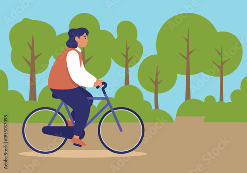 A young adult cycles through a park, saving money and enjoying an active lifestyle.  A vibrant illustration promotes sustainable transport and financial benefits. 
