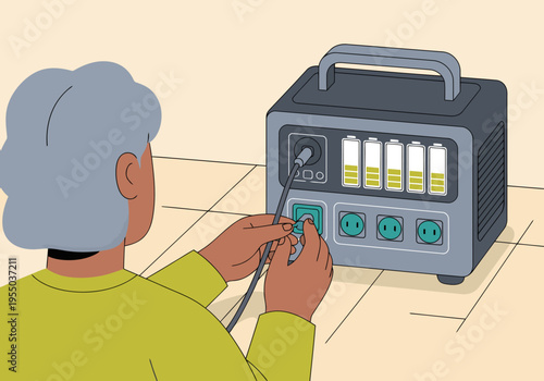 An elderly woman connects a backup power station, ensuring electricity during an outage. A clear, focused image showcasing preparedness and reliability.