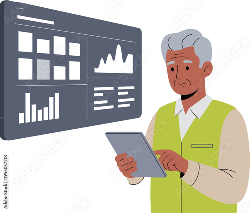 An elderly farmer monitors dairy farm health data on a tablet, showcasing modern agricultural technology. Clear visuals, professional setting.