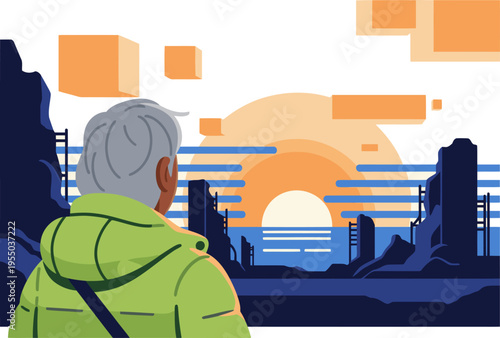 An elderly man gazes at a ruined cityscape during a vibrant sunrise. A poignant scene of hope amidst decay, rendered in a modern, graphic style.