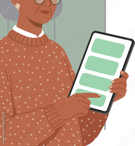 An elderly woman uses a tablet displaying UI testing options. Warm colors, detailed illustration, senior beta testing. Focus on the device and her expression.