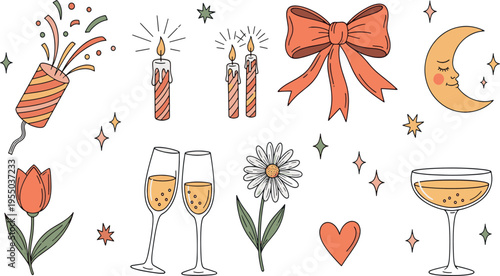 Festive celebration elements featuring champagne glasses candles moon heart and floral designs for holiday party hand drawn vector illustration doodle art