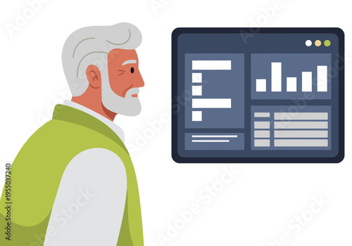 An elderly farmer monitors dairy farm health data on a tablet. A clean, modern graphic displays key metrics. Professional, informative, and visually appealing.