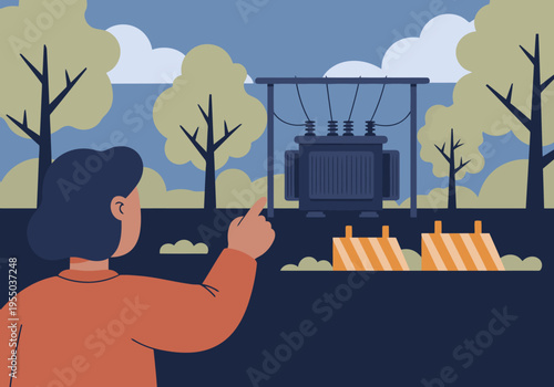 A woman examines a transformer failure on a power line, highlighting a critical infrastructure issue. Dramatic lighting and a rural setting create a compelling visual.