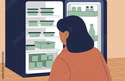 A woman examines a full refrigerator, highlighting food waste. A clean, modern illustration emphasizes the issue of fridge power loss food.  Bright, inviting style.