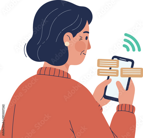 A young woman experiences a smartphone outage, frustrated while holding her device. Modern illustration style, soft colors, conveying digital disconnect.