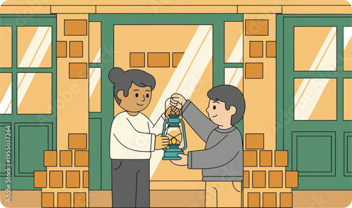 A friendly young man helps a woman light a lantern during a power outage. Warm, inviting scene showcasing neighborly support and community spirit.