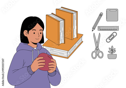 A focused student examines a pebble with a pencil and books, conveying concentration and learning. Modern illustration style.